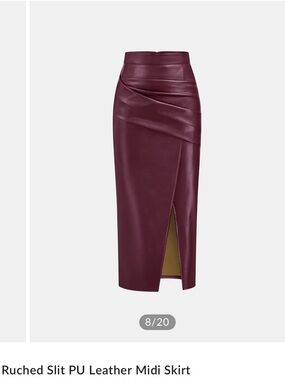 Commense Burgundy PU Leather Ruched Midi Skirt with Side Slit
